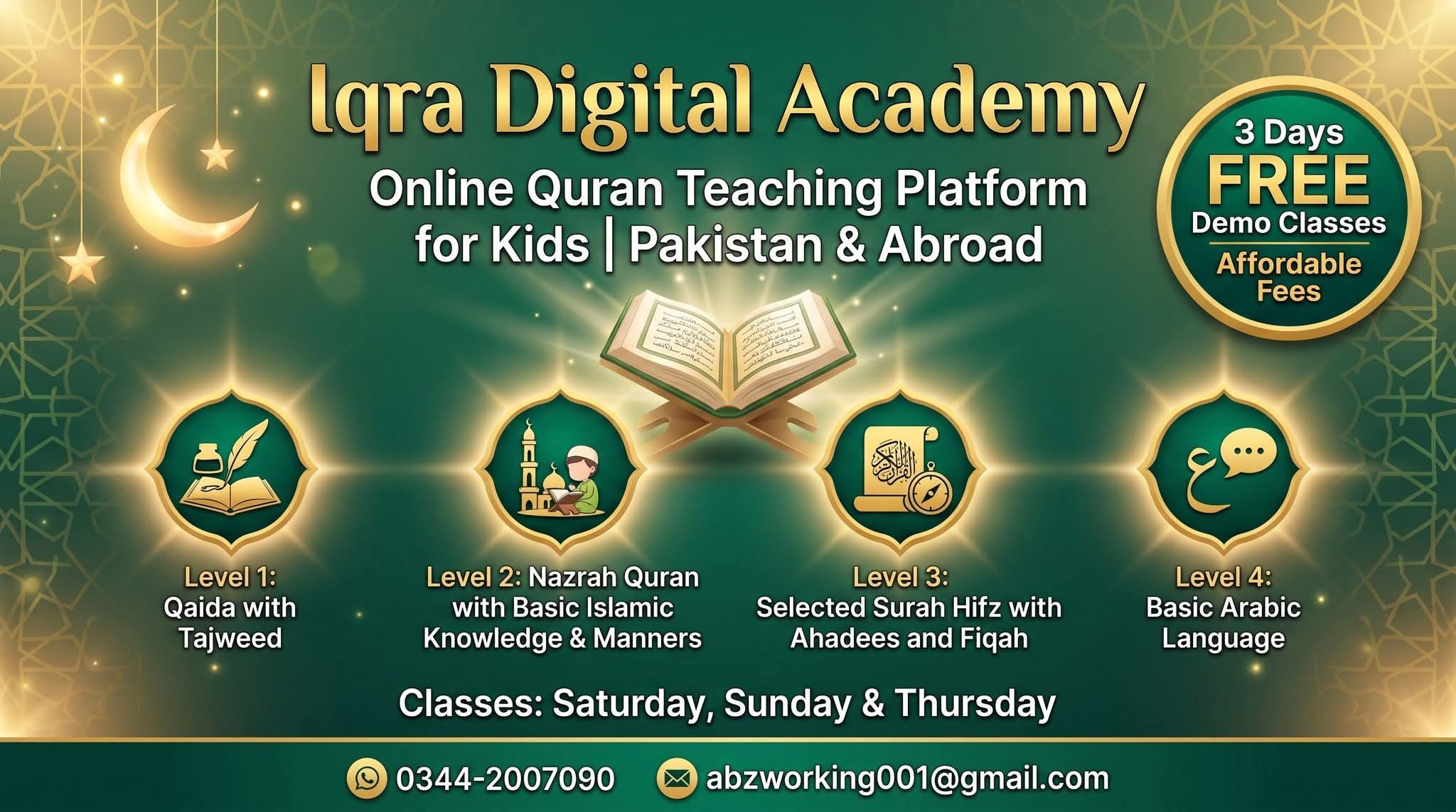 Iqra Digital Academy online Quran teaching banner with four learning levels, free demo classes and class schedule